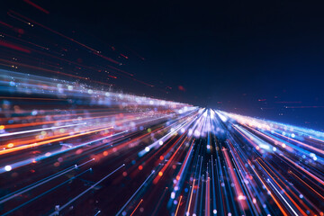 Speed lines trail from night city, lens effect. dynamic motion design.cyberspace technology background © noppadon