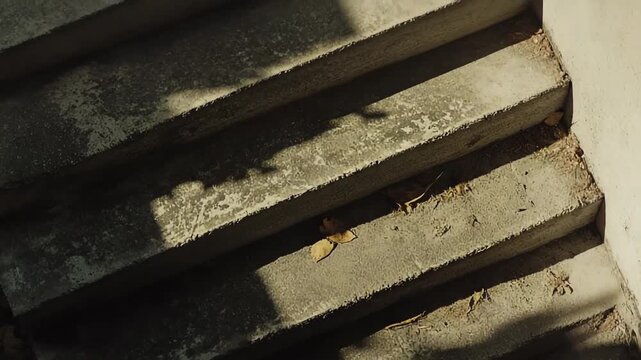 Weathered concrete steps creating a pattern of light and shadow, featuring dry fallen leaves and the strong lines of a metal railing's silhouette, conveying a sense of time passing and neglect