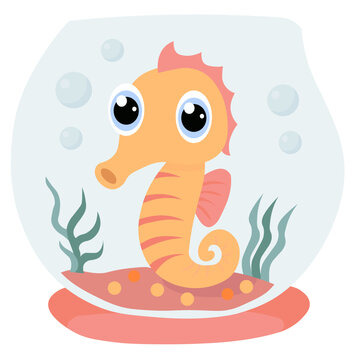 Cute seahorse in an aquarium. Adorable aquarium seahorse with bubbles and plants around. Cartoon style vector illustration.