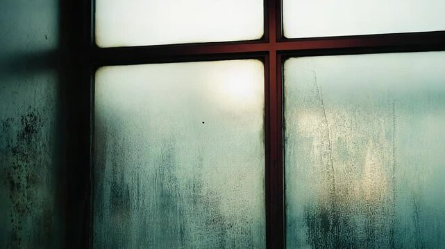 Foggy window pane covered with condensation and water streaks creating an obscure barrier, reflecting diffused light from outside, beside a damp corner of a neglected room