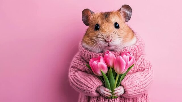 Adorable hamster in pink sweater holding tulips on pastel pink background. March 8, International Women's Day. Mother's Day