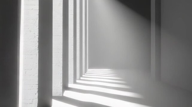 Modern architectural corridor of parallel columns casting bold light and shadow stripes across white floor and textured wall, minimalist geometric perspective evoking depth and motion
