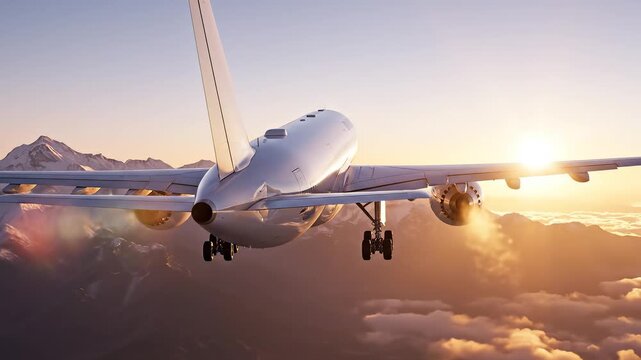 Airplane flying over snowy mountains