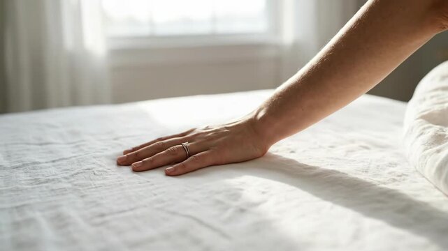 Female hand gently gliding over soft white bed linens in a sunlit bedroom, showcasing the texture and comfort of the fabric in a serene indoor setting