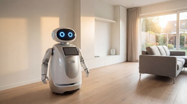 A humanoid robot stands in a modern living room with a sofa and large window, viewed from the front.