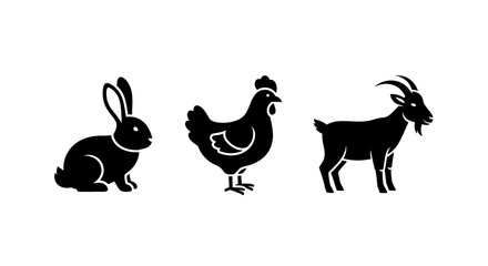 Fototapeta premium Farm animals silhouette rabbit chicken goat standing together black icons on white background farmhouse agriculture rural