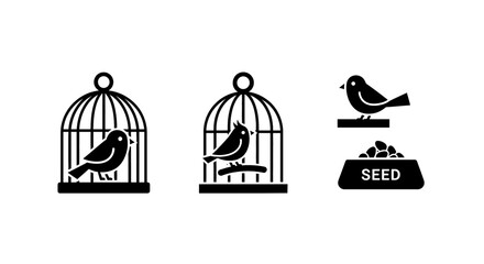 Black silhouette icons of birds in and out of cages with seed symbolizing freedom and captivity