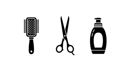 Hairbrush scissors and shampoo bottle icons for hair care and styling on white background