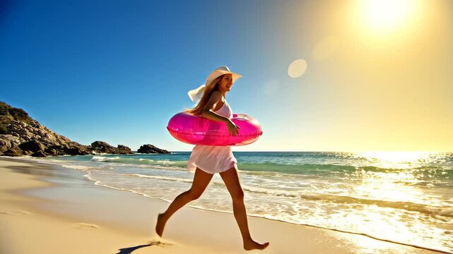 Woman running on beach with pink float