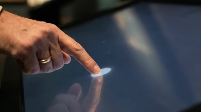 Hand of a man in a suit interacts with a touchscreen display, progressively activating visual elements as he touches the surface in a modern indoor setting