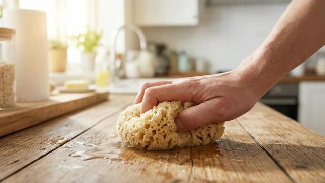 Hand reaches for natural sponge resting on wooden kitchen counter, demonstrating cleaning preparation in a bright, sunlit kitchen environment with various utensils visible