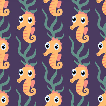 Cute seahorses on dark blue underwater background. Vector seamless nautical pattern. Perfect for kids textiles and decorative seahorse prints.