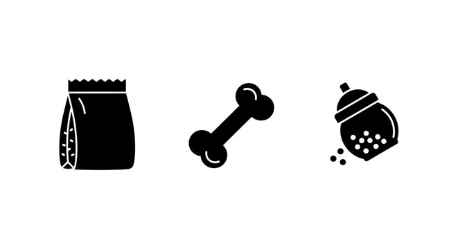 Simple black icons representing pet food, a bone, and a treat dispenser.