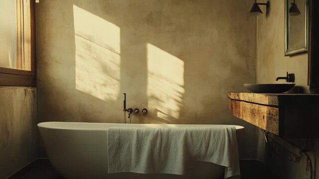 Sun illuminating a luxurious freestanding bathtub with a towel draped over it, modern minimalist basin on a wooden vanity, and textured wall, creating a serene and elegant spa atmosphere