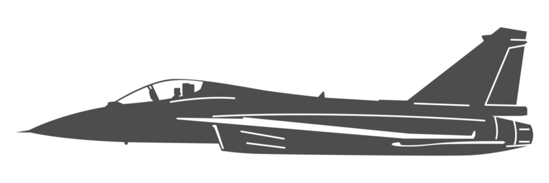 Silhouette hal tejas military aircraft design from side view. Minimalist illustrations india fighter jet in black and white color from lateral. Monochrome drawing fourth generation airplane.