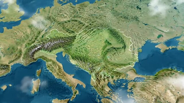 European map animation showing the Carpathian Mountain range and surrounding countries, aerial view