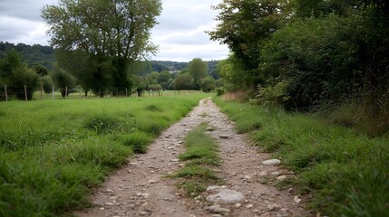 Fototapeta premium A narrow rocky dirt path winds through a lush green countryside with trees and rolling hills under an overcast sky