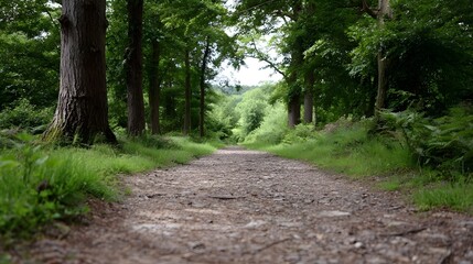 Fototapeta premium A gravel path winds through a lush green forest inviting a peaceful journey into nature