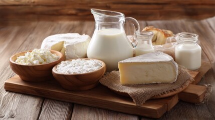 Fresh assorted dairy products arranged on a wooden table with soft overhead lighting. menu design, packaging mockups, designed for culinary blogs and recipe cards for restaurants.