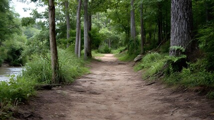 Fototapeta premium A winding dirt trail curves through a dense green forest next to a gently flowing river offering a tranquil natural vista