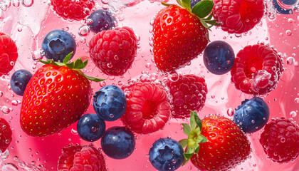 Strawberries, raspberries, and blueberries floating in soda water　ソーダ水に浮かぶイチゴとラズベリーとブルーベリー