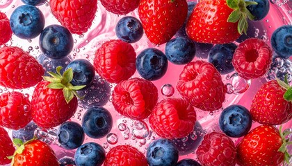 Strawberries, raspberries, and blueberries floating in soda water　ソーダ水に浮かぶイチゴとラズベリーとブルーベリー