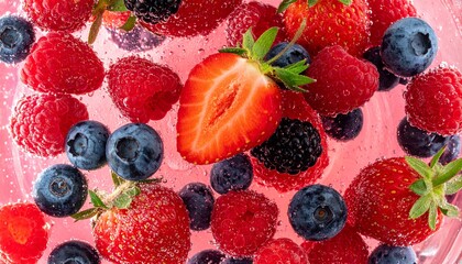 Strawberries, raspberries, and blueberries floating in soda water　ソーダ水に浮かぶイチゴとラズベリーとブルーベリー