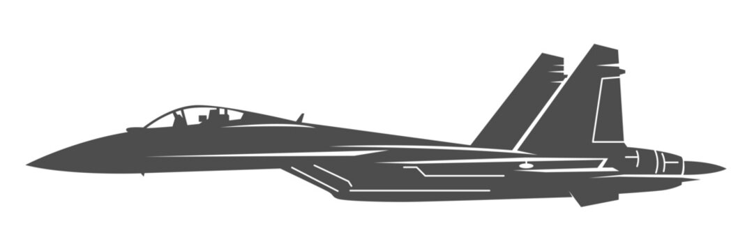 Silhouette SU-35 military aircraft design from side view. Minimalist vector illustrations su35 fighter jet in black and white color from lateral. Monochrome drawing russia fourth generation aircraft.