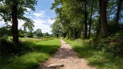 Obraz premium A stone path winds through a green countryside lined with trees under a blue sky with clouds offering a tranquil journey into nature