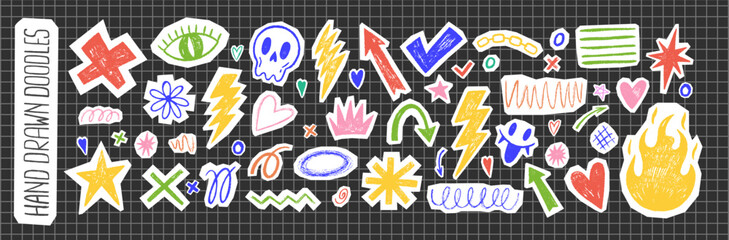 Abstract graffiti collection featuring hand-painted stars, grunge hearts, star symbols, and organic doodles Vector illustration.  © Arina