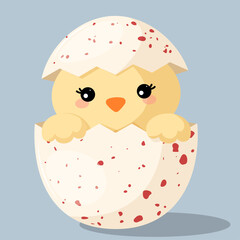Naklejka premium Cute Baby Chick Hatching from Scarlet Red Speckled Egg Illustration Isolated on Blue Background