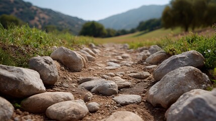 A natural dirt trail lined with stones winds through a serene rural landscape with rolling hills and green fields