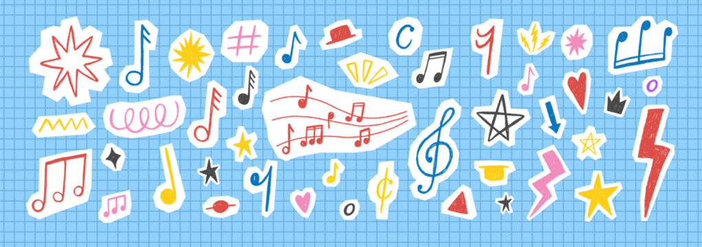 Pastel crayon sketches of musical notes blend with textured doodles in a charming hand-drawn collage. Vector illustration.