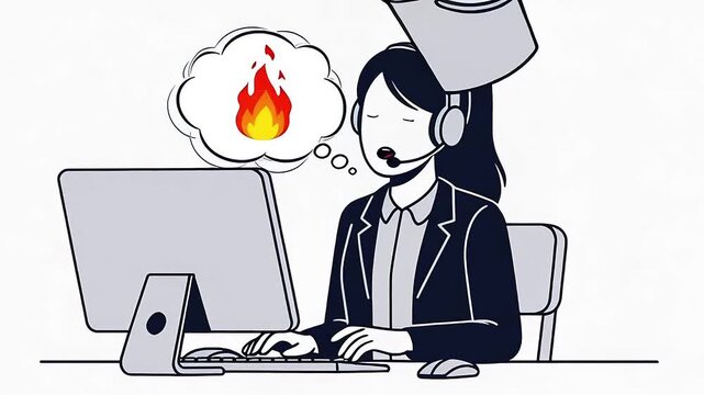 Customer service representative putting out fires at work cartoon animation