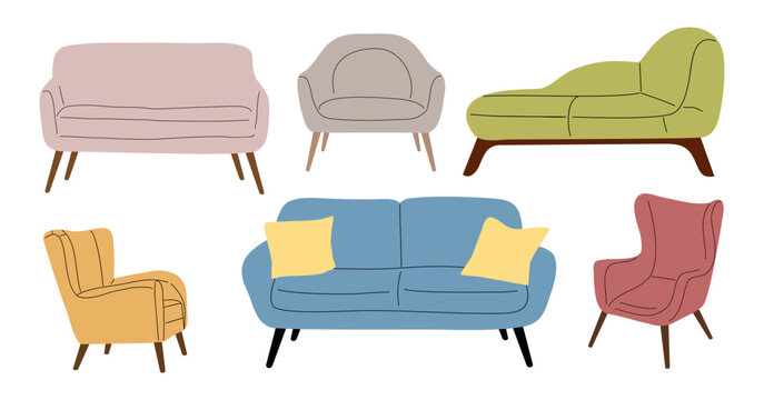 Set of mid century modern sofas and armchairs in soft colors, ideal for interior design, home decor, furniture, and lifestyle concept. Flat vector illustration isolated on transparent background