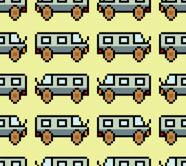 Seamless pattern with 8 bit retro bus and van pixel art.