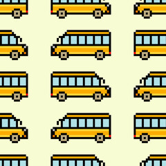 Seamless pattern with 8 bit retro school bus pixel art