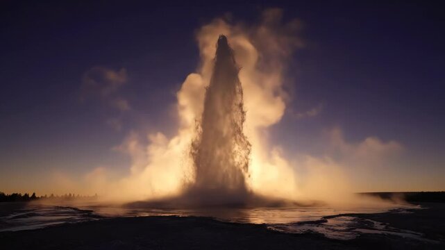 Geyser Erupting at Sunset, Iceland, Landscape, Water, Natural Wonder, Outdoor Scene, Geothermal Activity