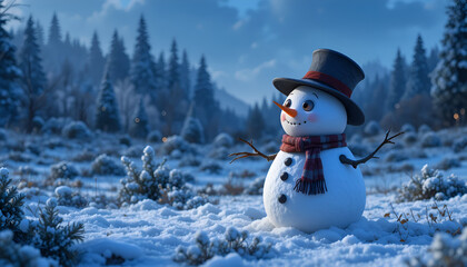 Obraz premium A cheerful snowman stands in a snowy forest landscape under a cloudy sky