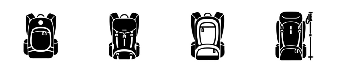 Fototapeta premium Backpack icons in various styles for hiking, school, and travel themes.
