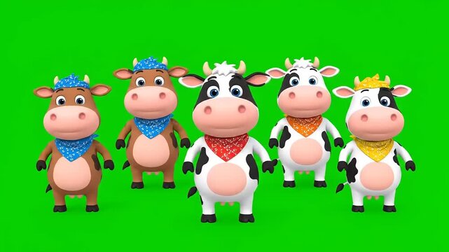 Cows dancing joyfully, cartoon style. Fun, whimsical scene with colorful cows in a happy chorus line on a green screen. Preschool animation.
