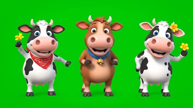 Three cheerful cartoon cows standing on green screen, joyfully celebrating spring, in a fun, adorable, and playful digital rendering style.