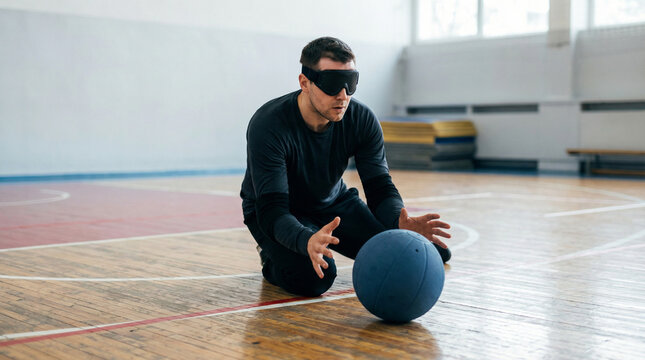 Goalball athlete kneeling and controlling ball indoors.