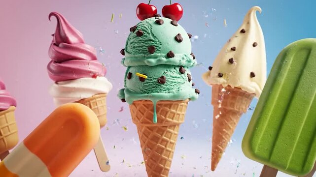 Ice cream cone topped with red and green scoops, cherries, and sprinkles, against a colorful backdrop