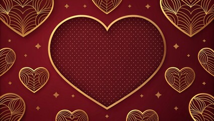 Elegant gold heart design on red background with luxury patterns and stars