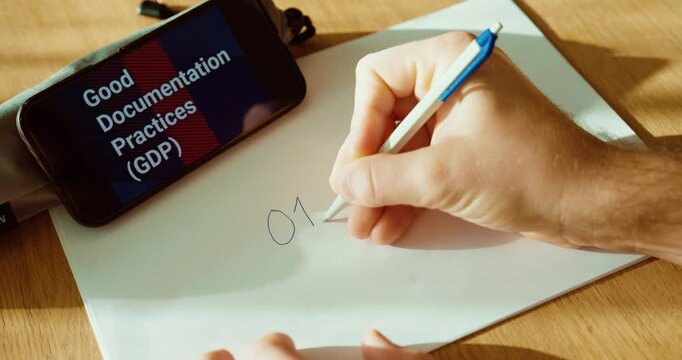 Close-up of a hand writing multiple date formats on paper while &ldquo;Good Documentation Practices (GDP)&rdquo; is displayed on a smartphone. Ideal for regulated documentation training