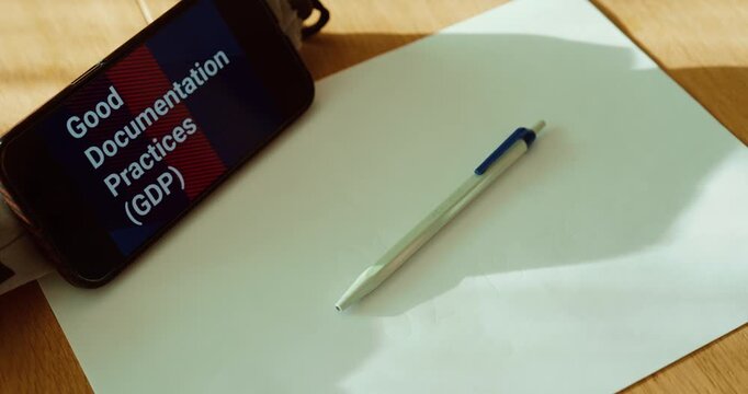 Minimal close-up of a pen placed on a blank document while &ldquo;Good Documentation Practices (GDP)&rdquo; is displayed on a smartphone nearby. Ideal for quality management, compliance training, audit preparatio