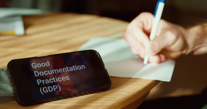 Close-up of a hand writing on a document while a smartphone screen displays &ldquo;Good Documentation Practices (GDP).&rdquo; Ideal for pharma and medtech compliance, quality documentation training, audit readine