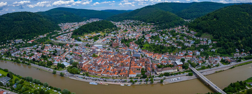 Aerial panoramic view of the city Eberbach  in Germany on a sunny spring afternoon.