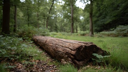 Fototapeta premium A large aged fallen log rests on the forest floor in a natural woodland clearing